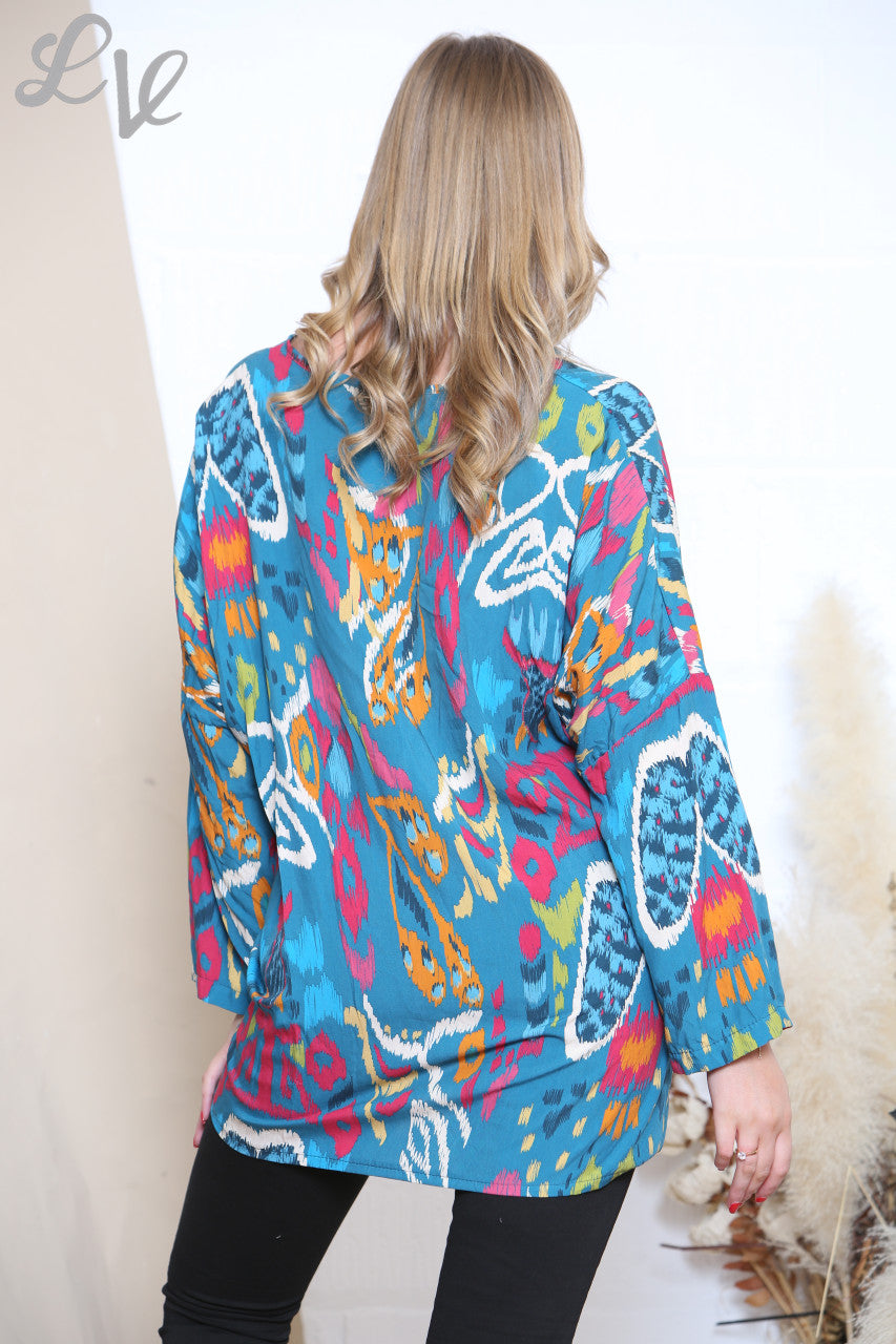 Ladies Gather Front Abstract Print Top Turquoise