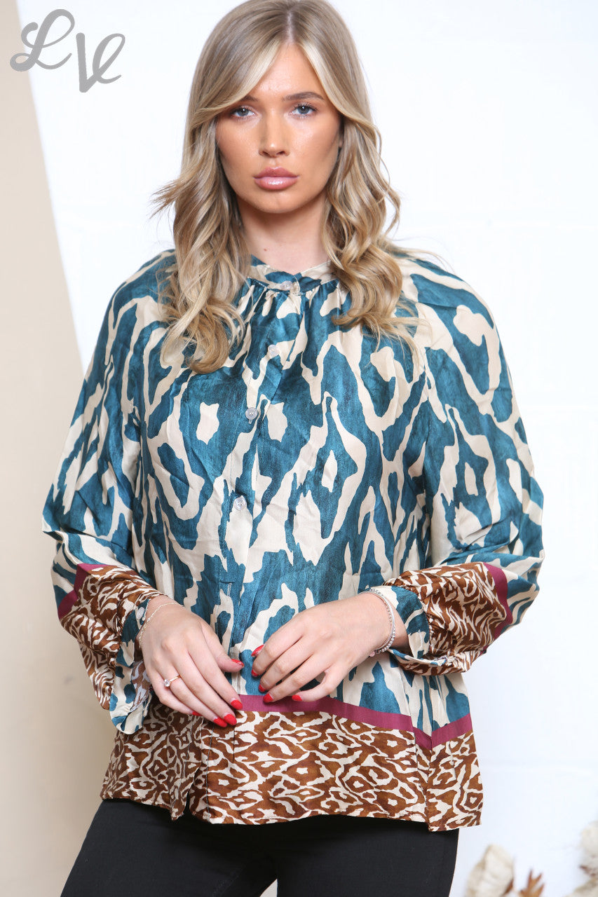 Ladies Tie Front Blouse With Border Print Teal