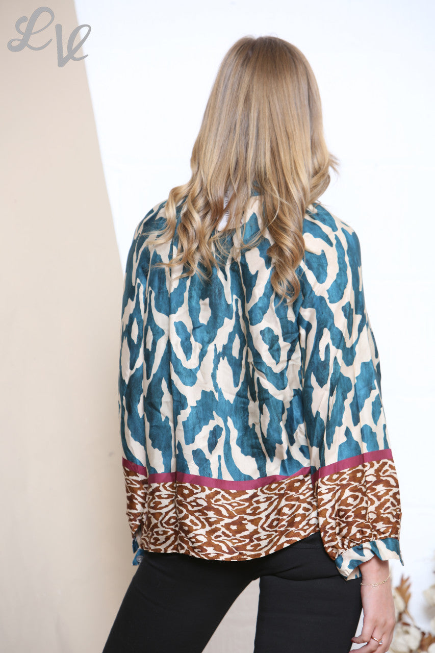 Ladies Tie Front Blouse With Border Print Teal