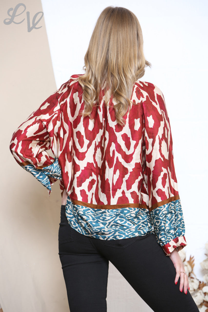 Ladies Tie Front Blouse With Border Print Red