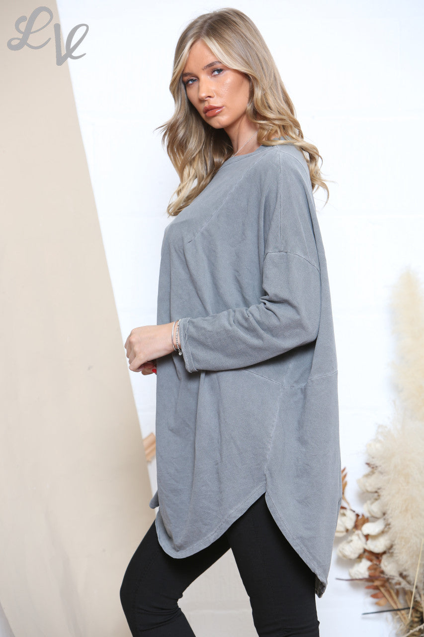 Ladies Slouched Washed Style Tunic Top Grey