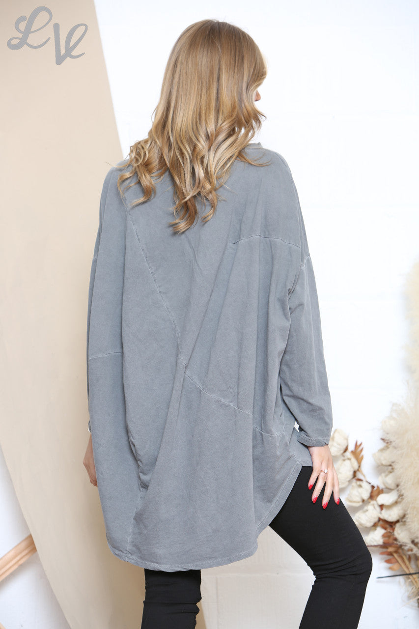 Ladies Slouched Washed Style Tunic Top Grey