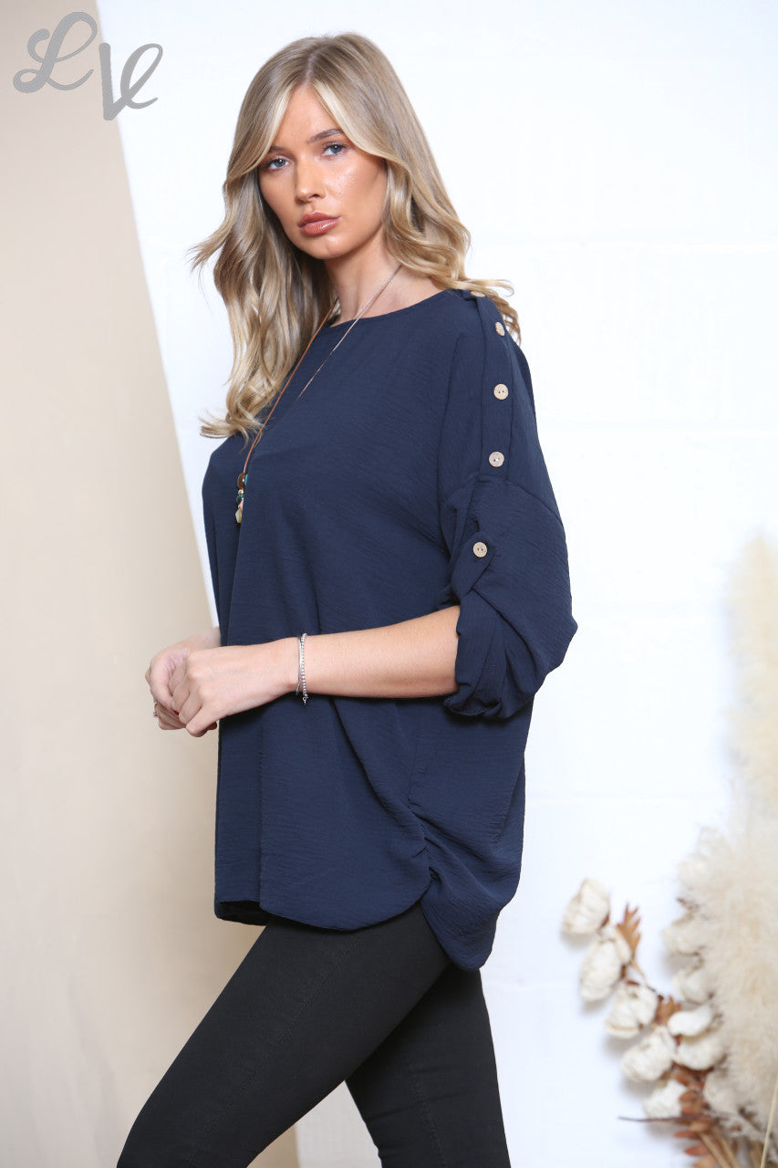 Ladies Button Shoulder Detail Blouse Top Navy