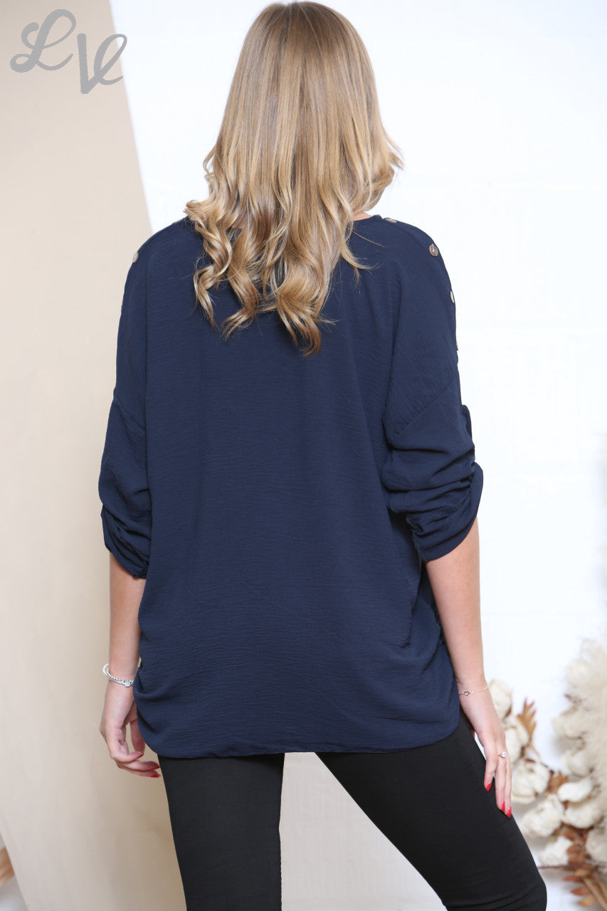 Ladies Button Shoulder Detail Blouse Top Navy