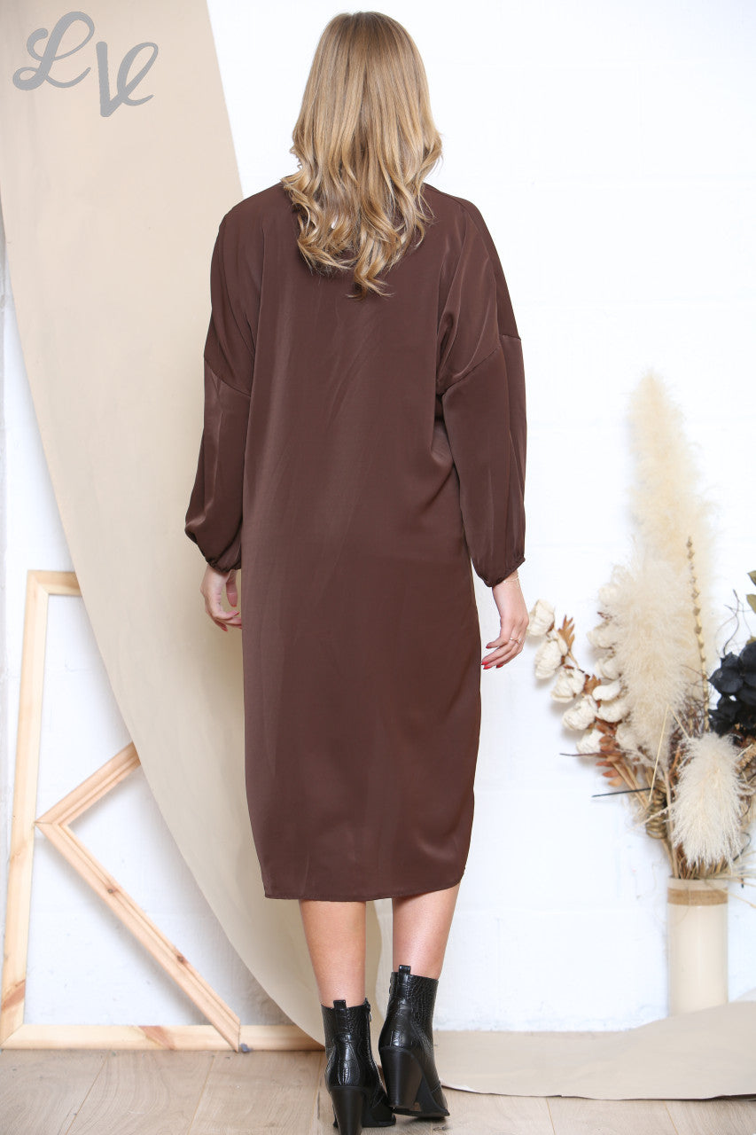 Ladies Gather Front Midi Dress Brown
