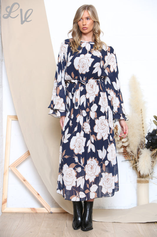 Dames Geplooide Jurk met Bloemenprint Marineblauw