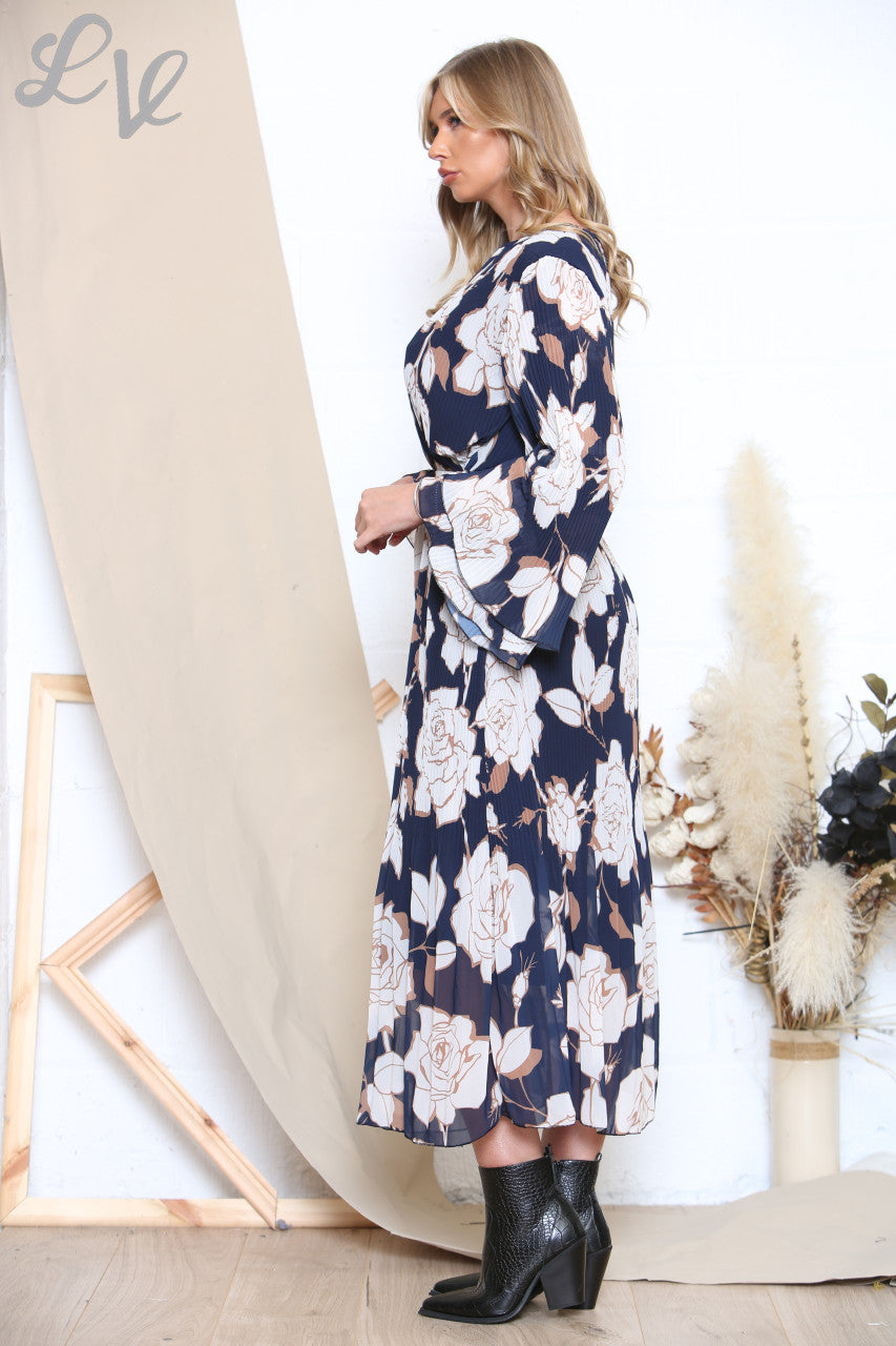 Ladies Floral Print Pleated Dress Navy