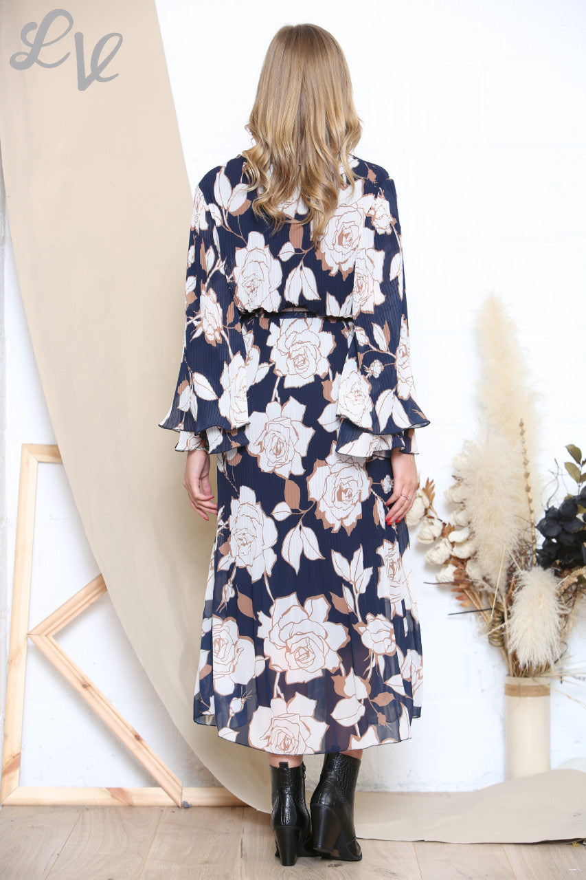 Ladies Floral Print Pleated Dress Navy