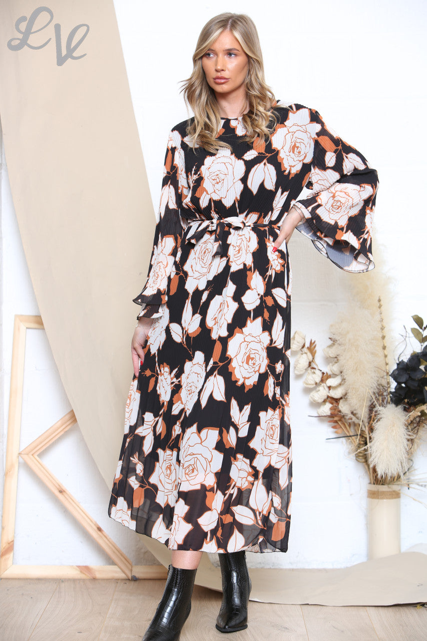 Ladies Floral Print Pleated Dress Black