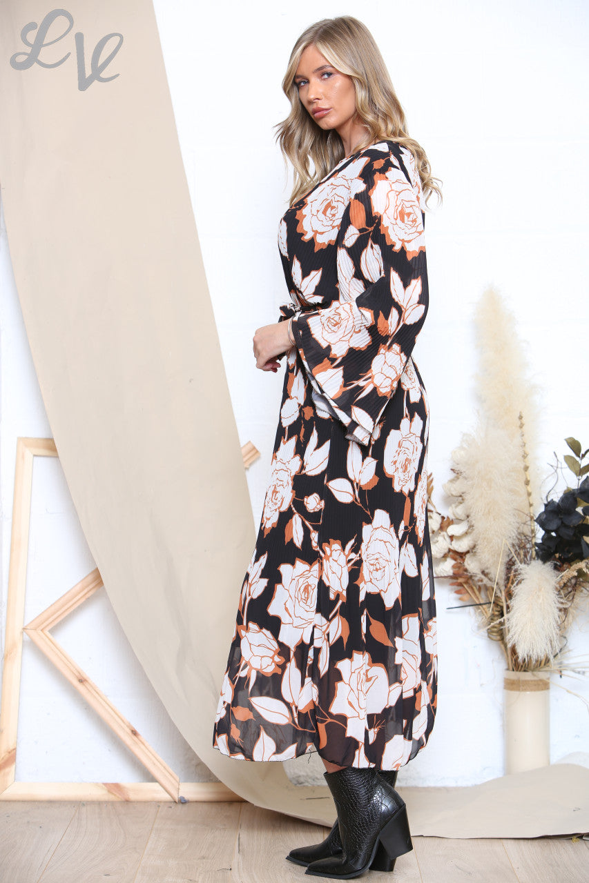 Ladies Floral Print Pleated Dress Black