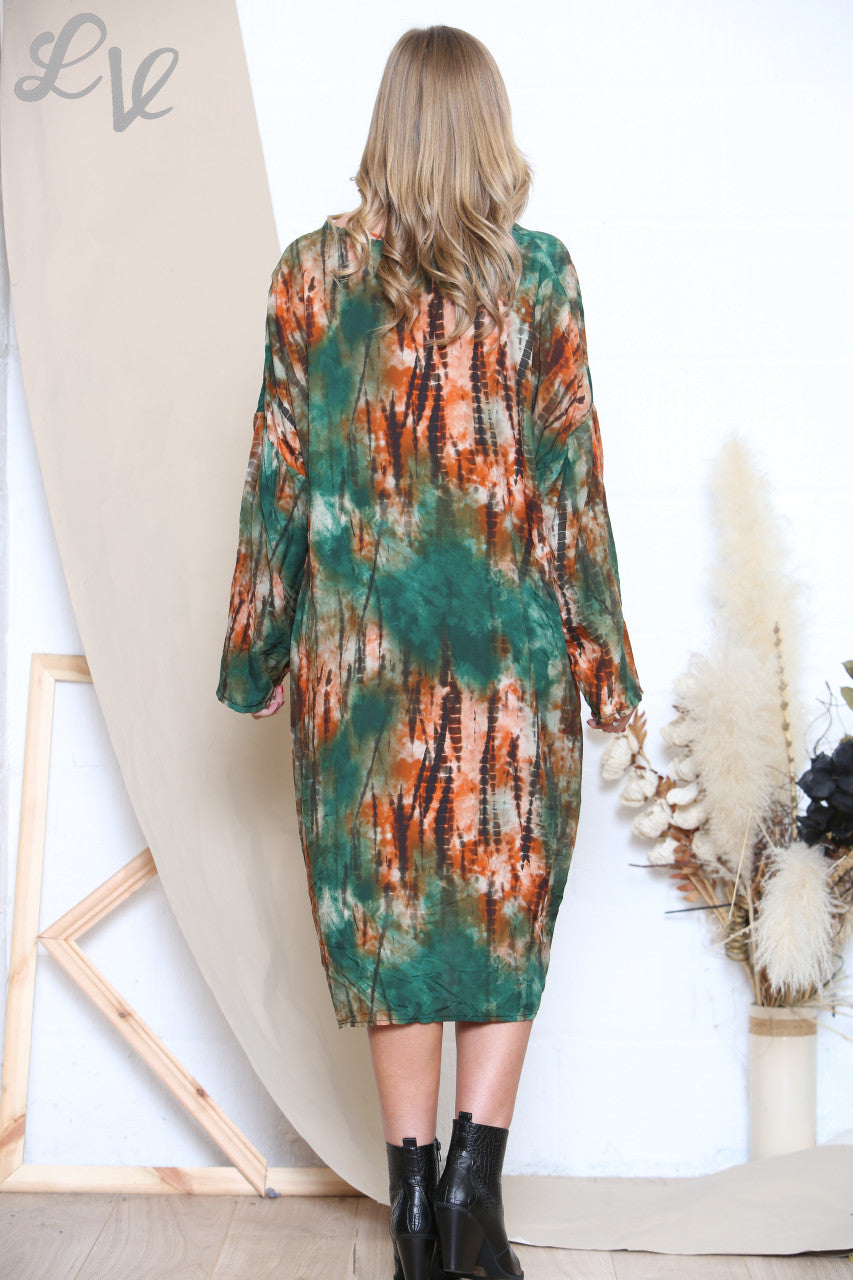 Ladies Gather Front Tie Dye Print Midi Dress Green