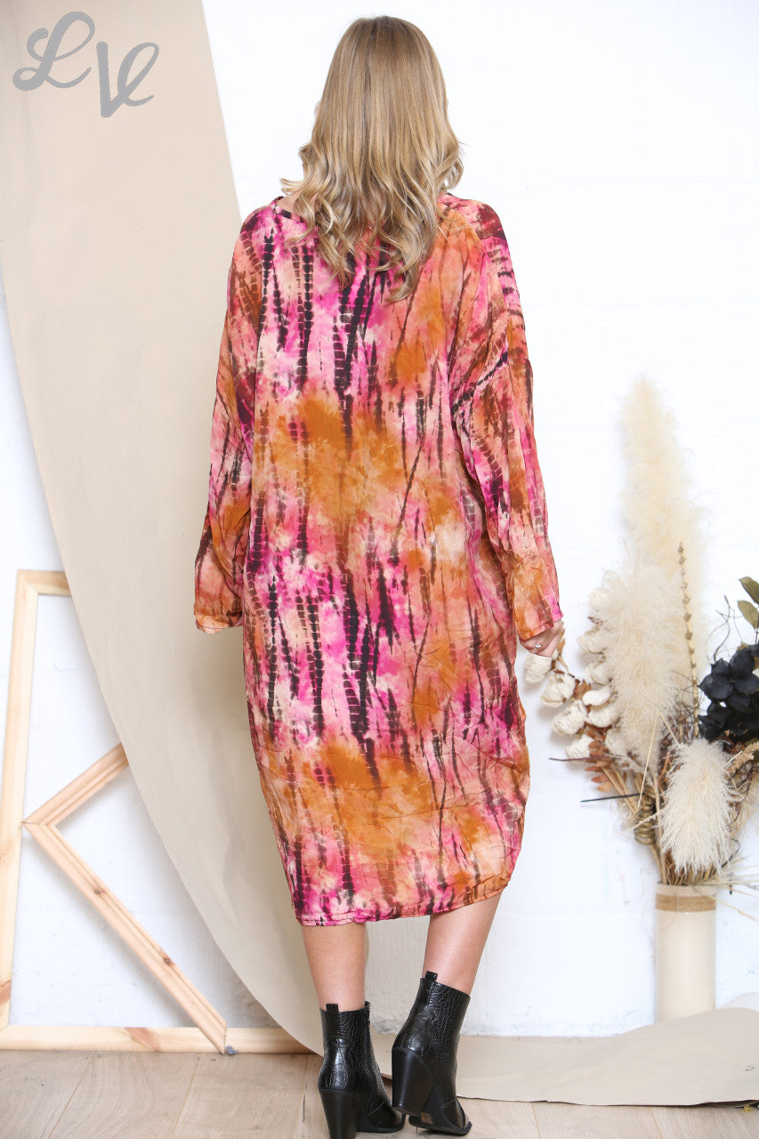 Ladies Gather Front Tie Dye Print Midi Dress Cerise