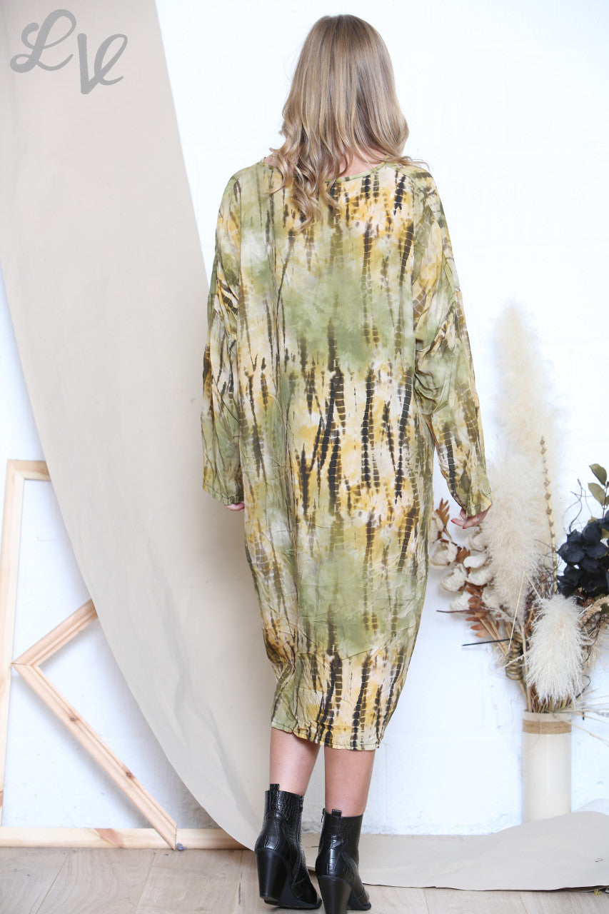 Ladies Gather Front Tie Dye Print Midi Dress Mustard