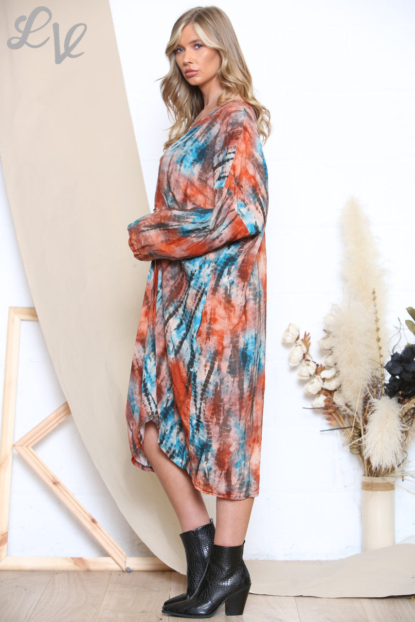 Ladies Gather Front Tie Dye Print Midi Dress Orange