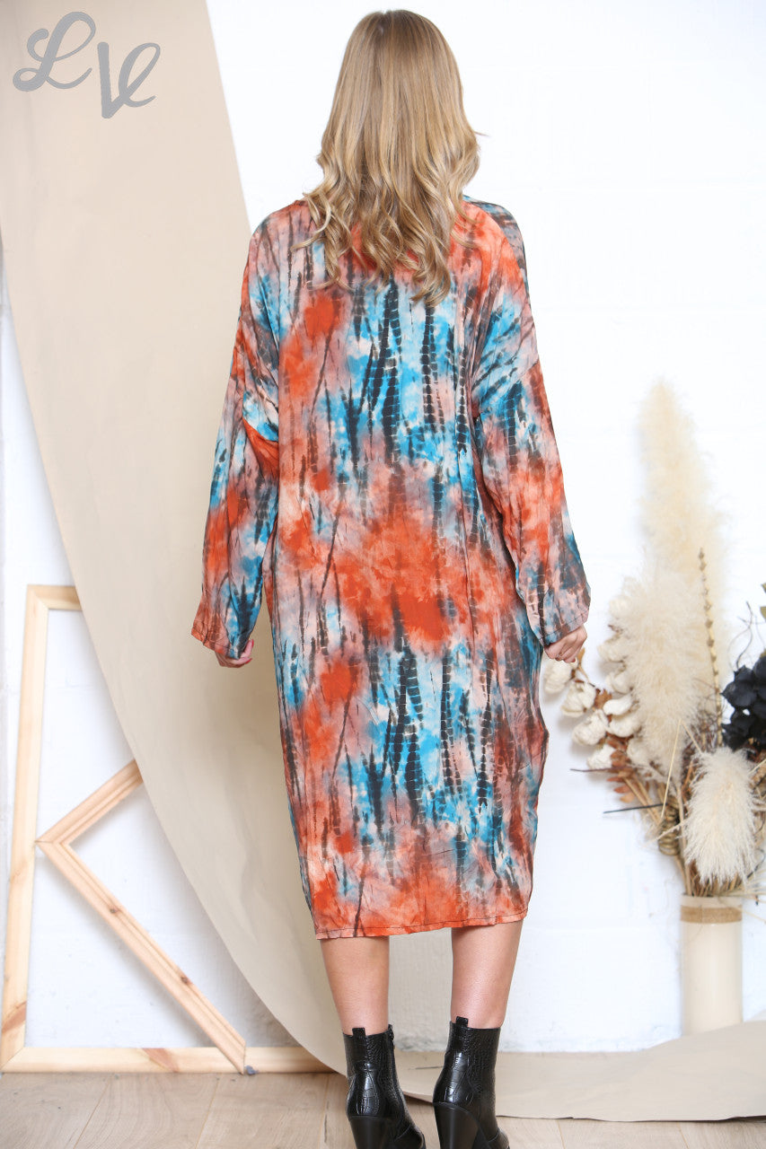 Ladies Gather Front Tie Dye Print Midi Dress Orange