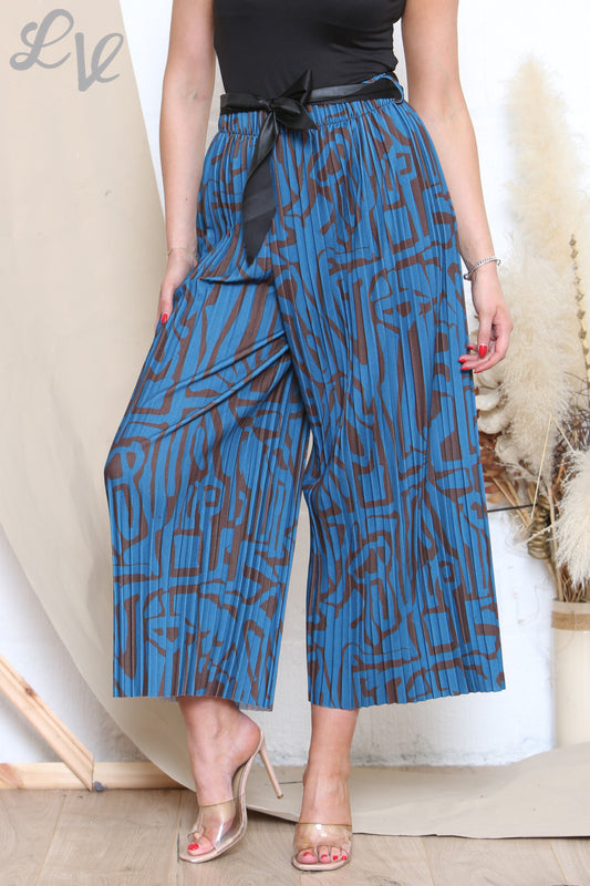Dames Geplooide Broek Met Abstracte Print En Riem Petrol