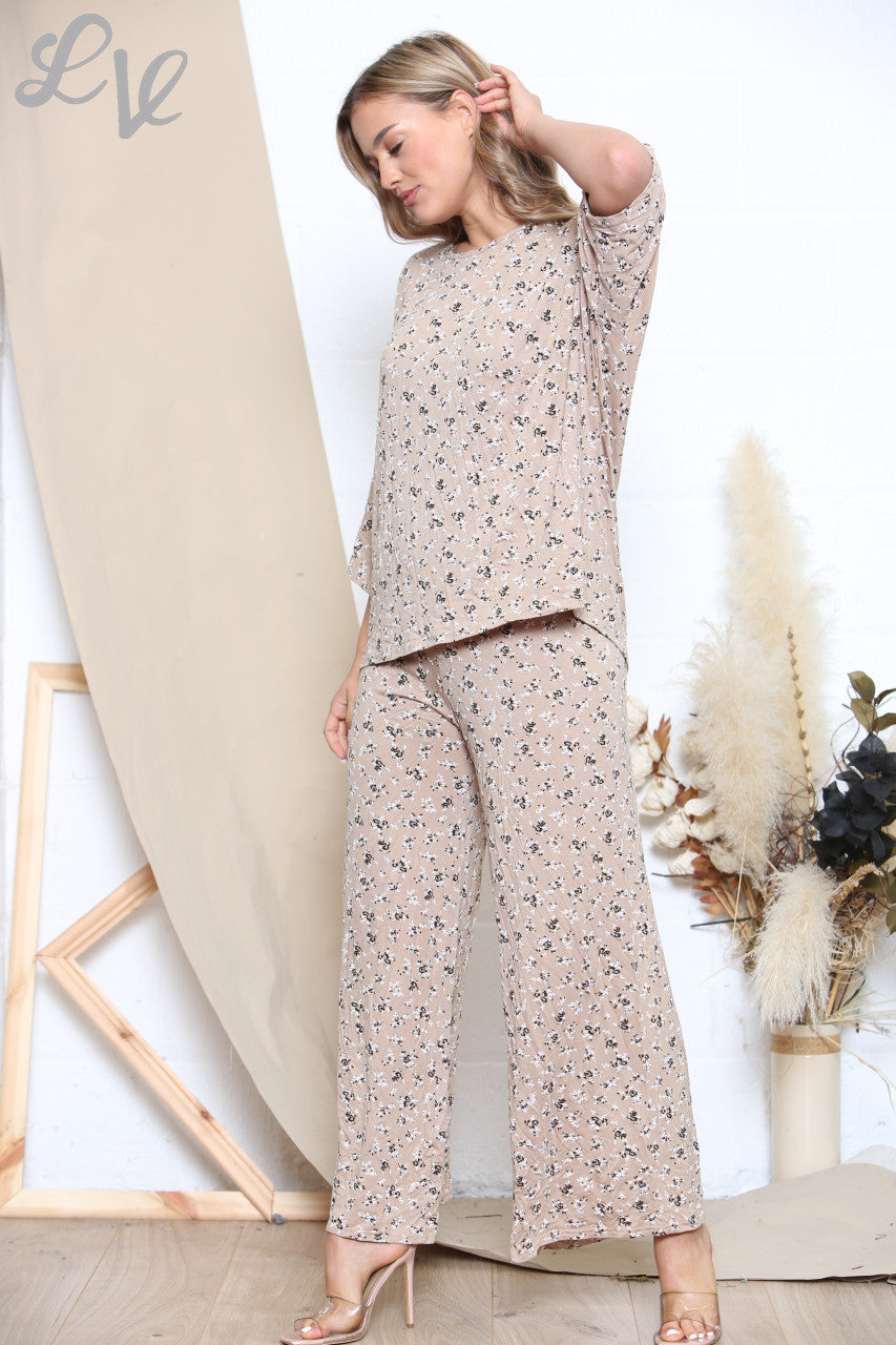 Dames Ditsy Print Top & Broek Set Steenkleurig
