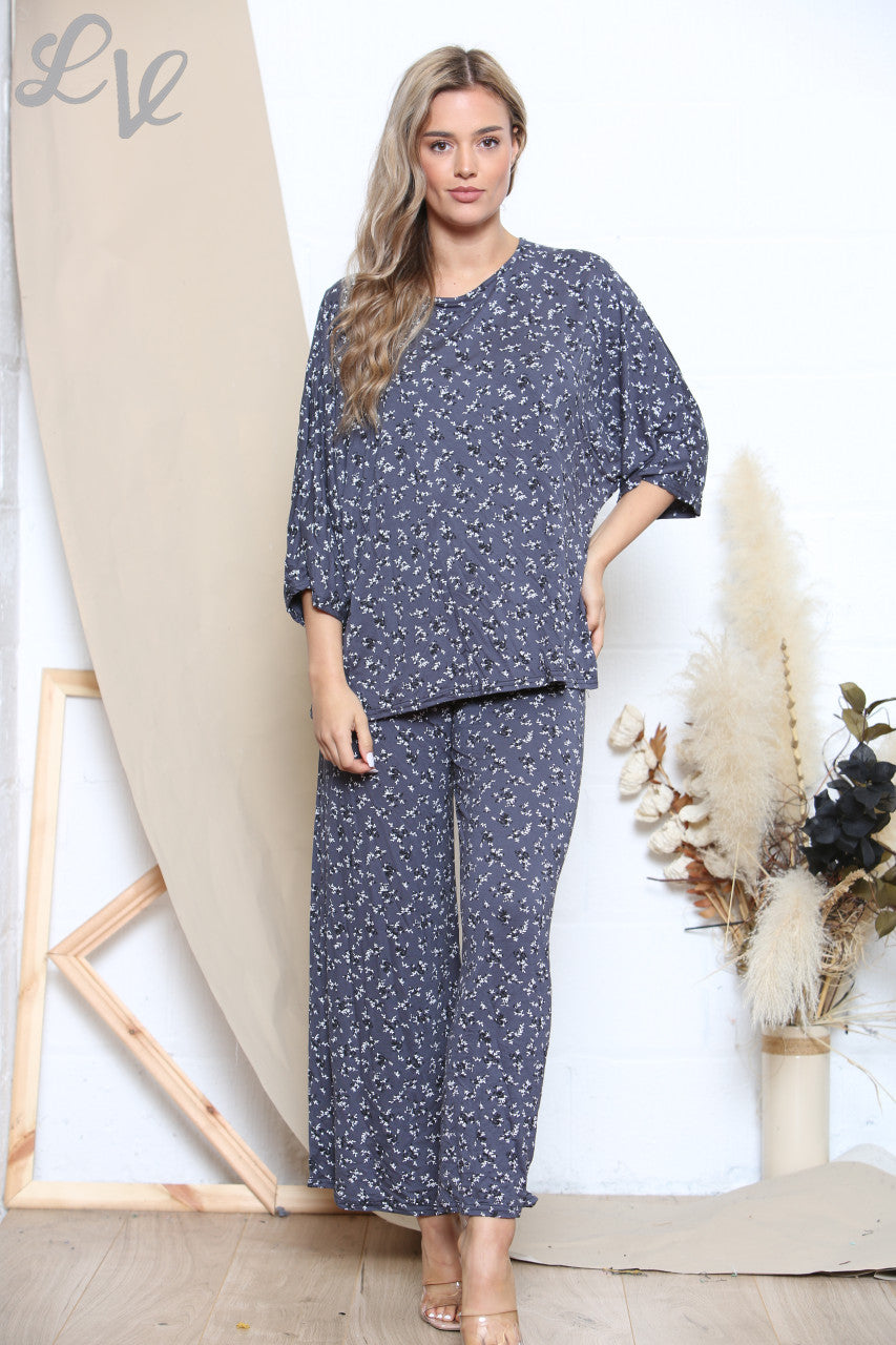 Ladies Ditsy Print Top & Trouser Set Denim
