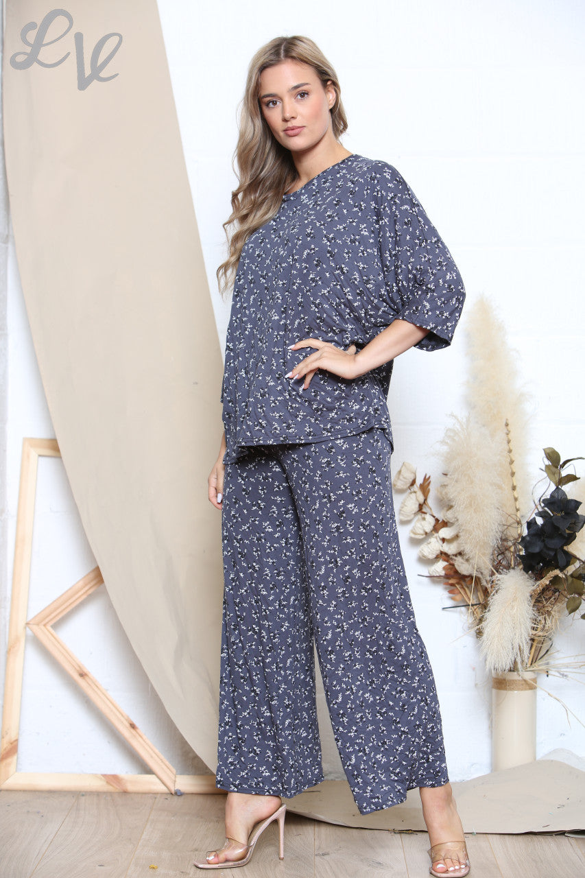 Ladies Ditsy Print Top & Trouser Set Denim