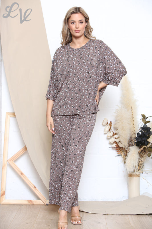 Dames Top en Broek Set met Bloemenprint Taupe