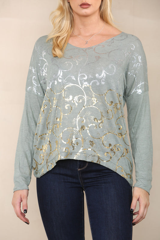 BAROQUE FOIL FINE KNIT TOP KHAKI