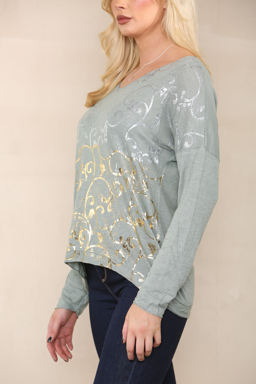 BAROQUE FOIL FINE KNIT TOP KHAKI
