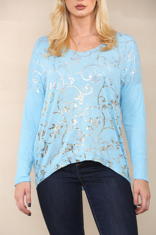 BAROQUE FOIL FINE KNIT TOP TURQUOISE
