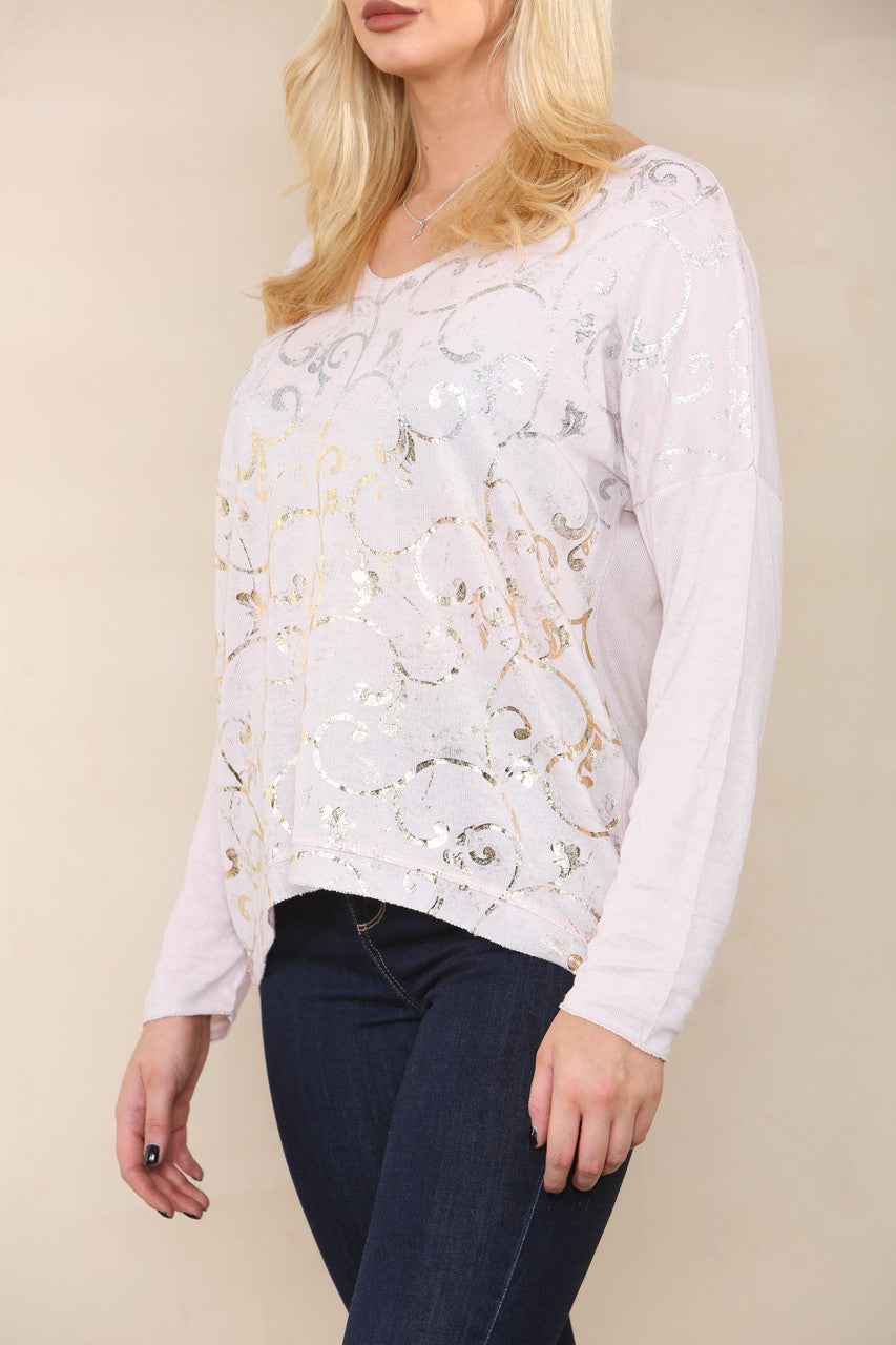 BAROQUE FOIL FINE KNIT TOP DUSTY PINK