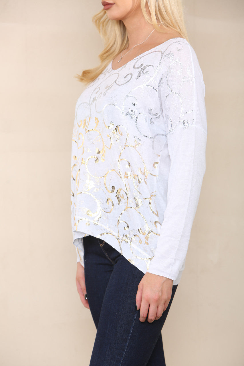BAROQUE FOIL FINE KNIT TOP WHITE