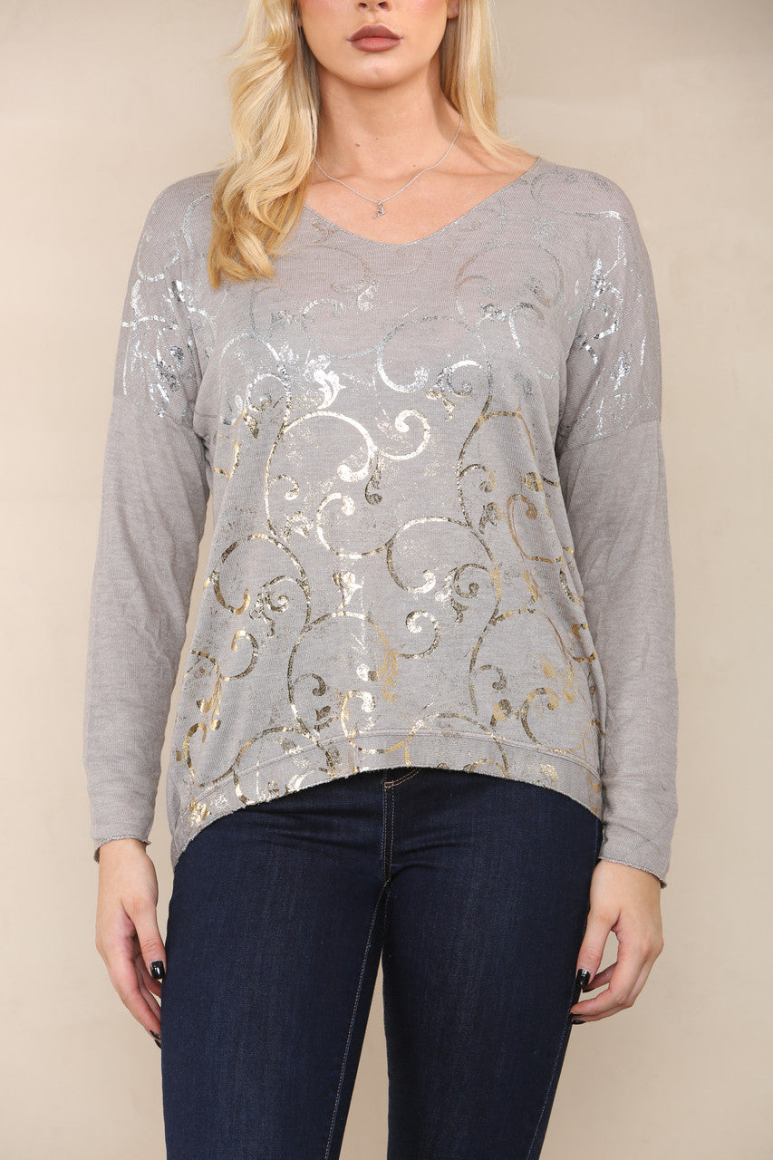 BAROQUE FOIL FINE KNIT TOP TAUPE