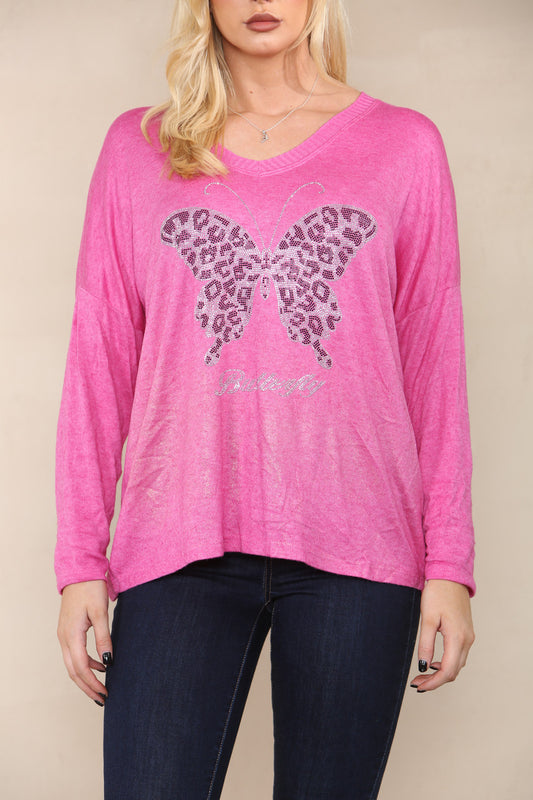 SEQUIN BUTTERFLY FINE KNIT TOP CERISE