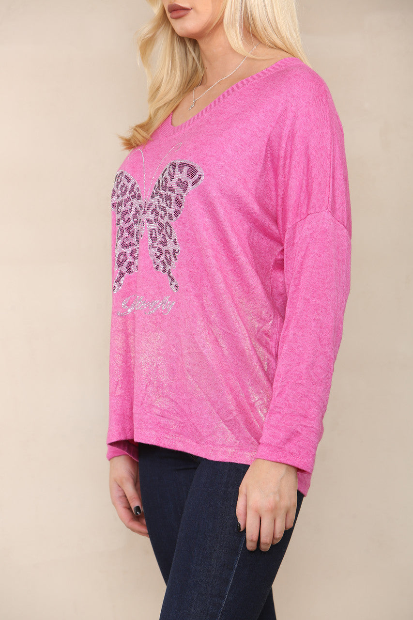SEQUIN BUTTERFLY FINE KNIT TOP CERISE