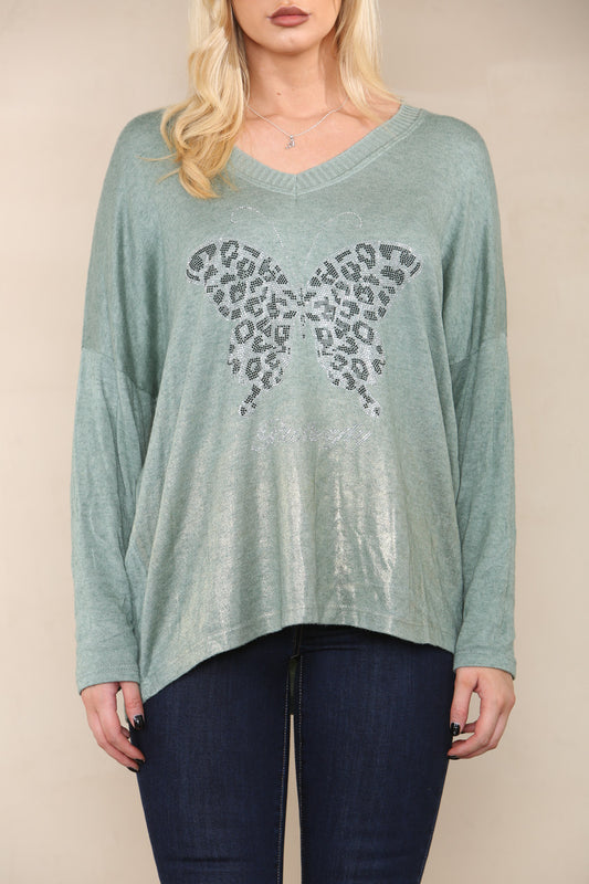 SEQUIN BUTTERFLY FINE KNIT TOP KHAKI