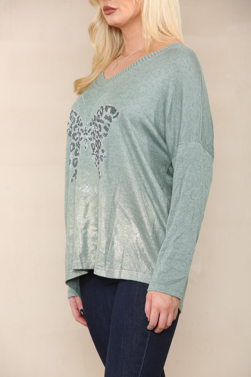 SEQUIN BUTTERFLY FINE KNIT TOP KHAKI