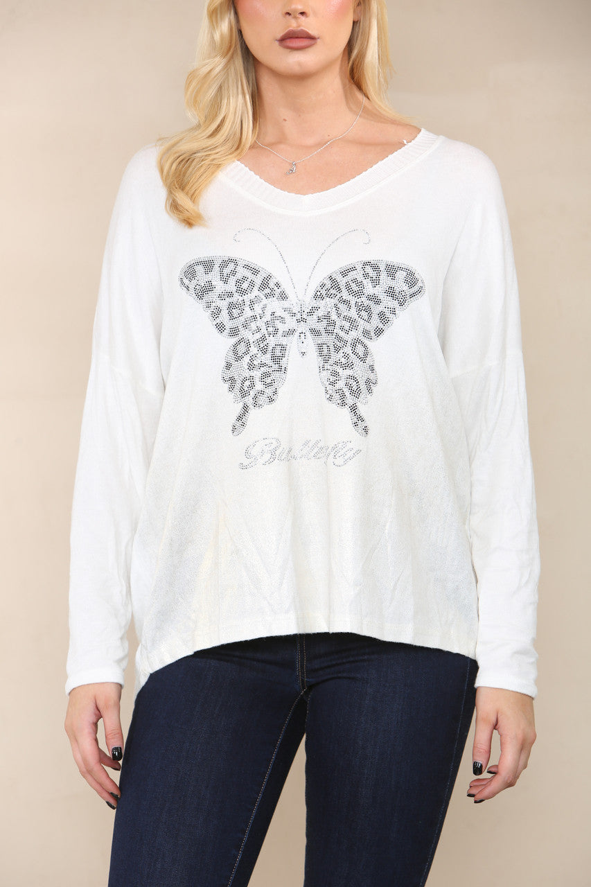 SEQUIN BUTTERFLY FINE KNIT TOP WHITE