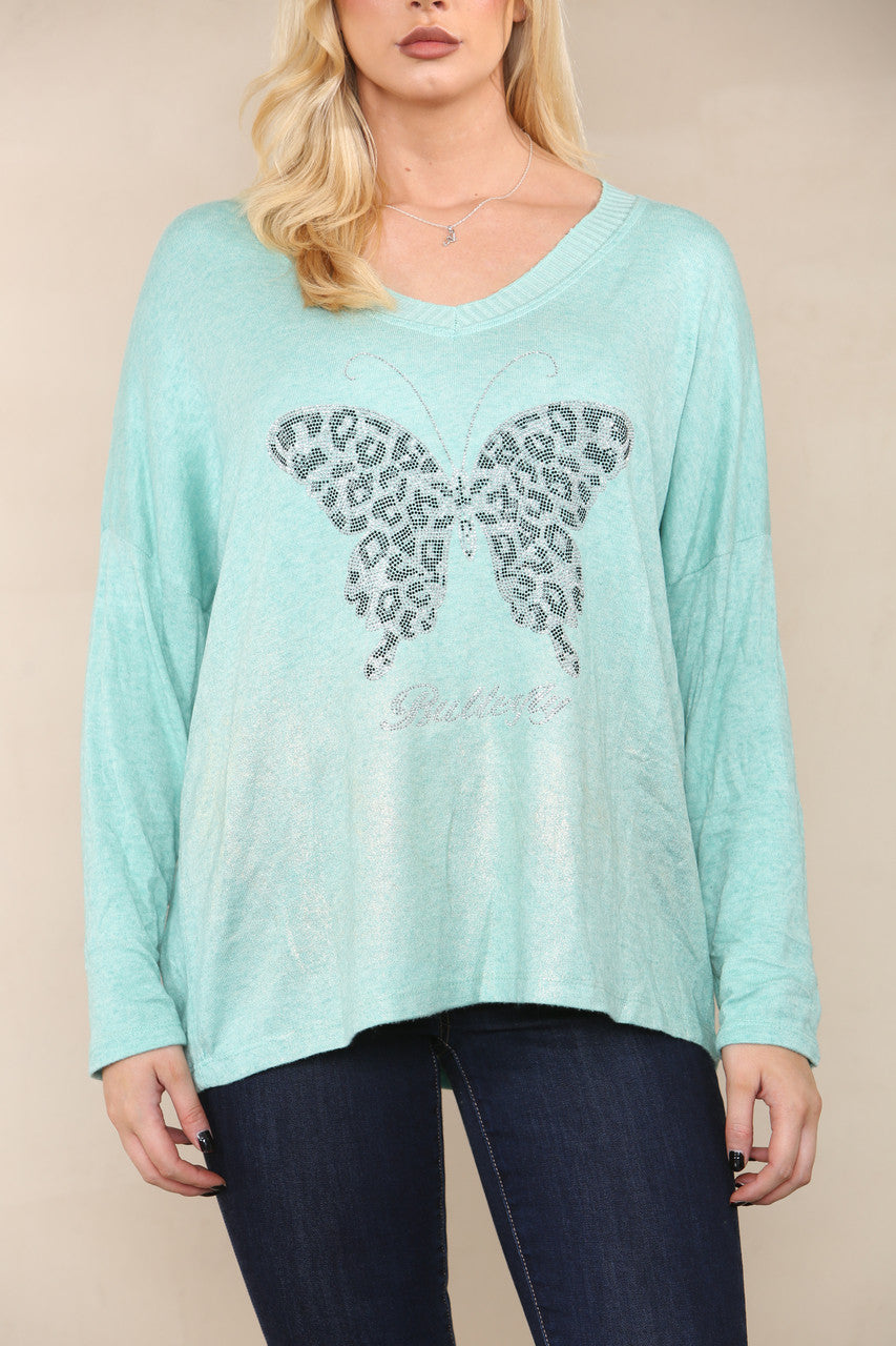 SEQUIN BUTTERFLY FINE KNIT TOP MINT