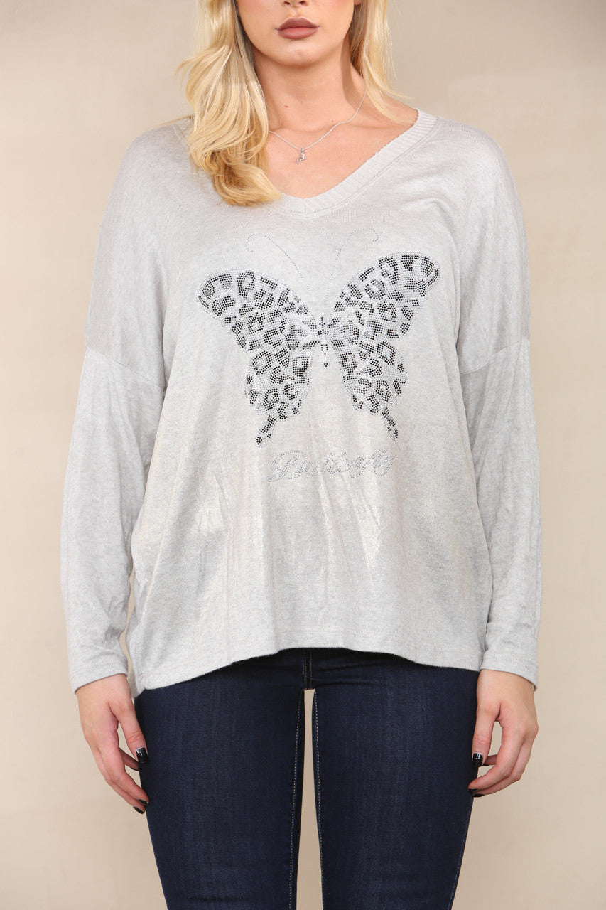 SEQUIN BUTTERFLY FINE KNIT TOP STONE