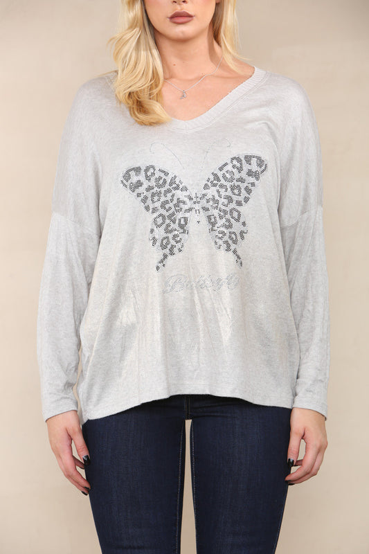 SEQUIN BUTTERFLY FINE KNIT TOP STONE