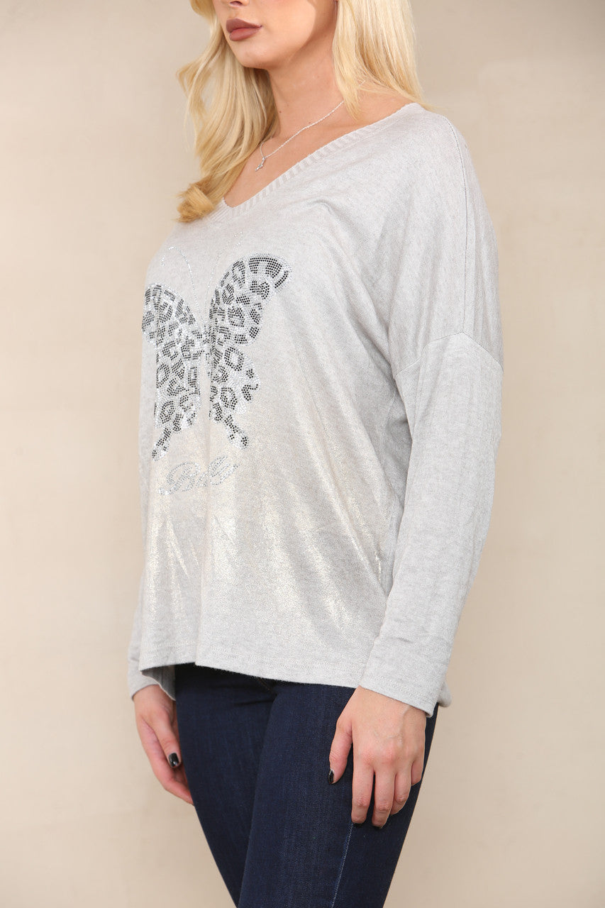 SEQUIN BUTTERFLY FINE KNIT TOP STONE