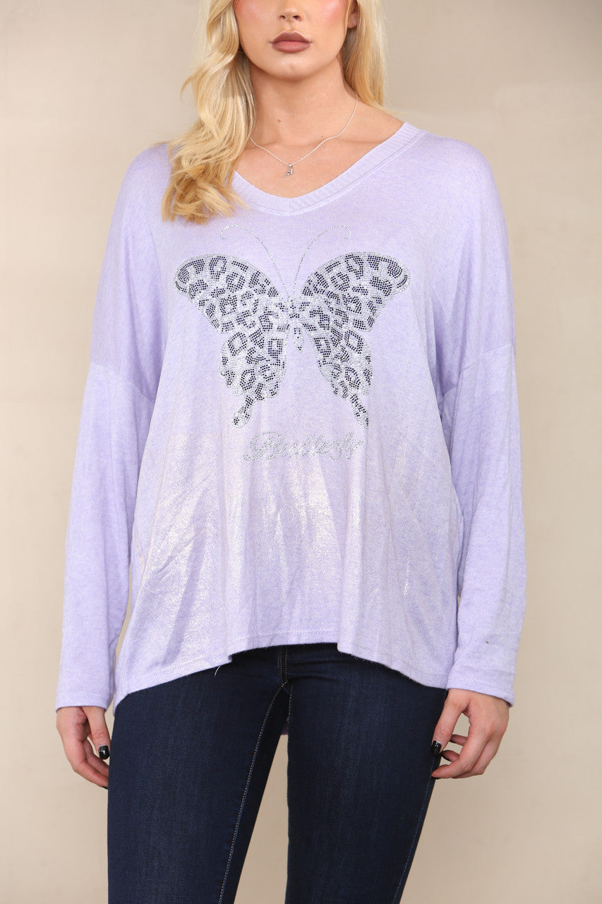 SEQUIN BUTTERFLY FINE KNIT TOP LILAC