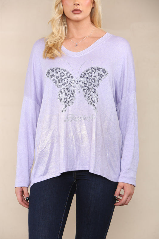 SEQUIN BUTTERFLY FINE KNIT TOP LILAC