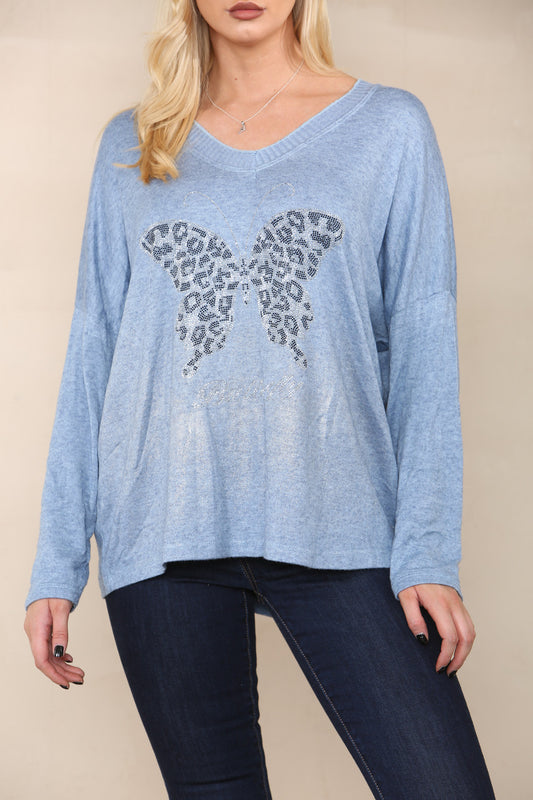 SEQUIN BUTTERFLY FINE KNIT TOP DENIM