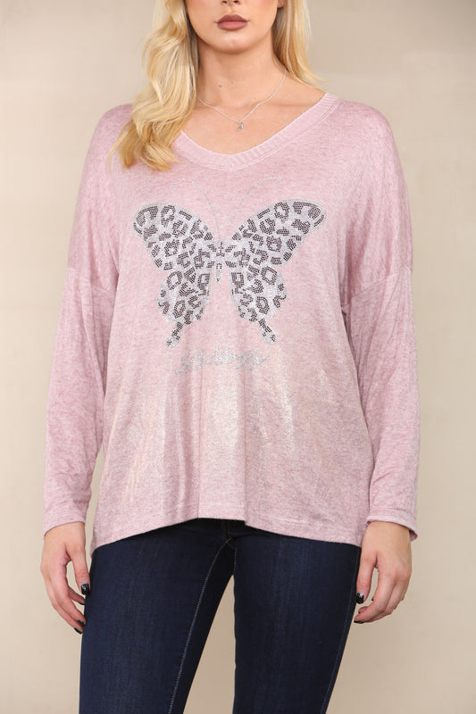 SEQUIN BUTTERFLY FINE KNIT TOP DUSTY PINK