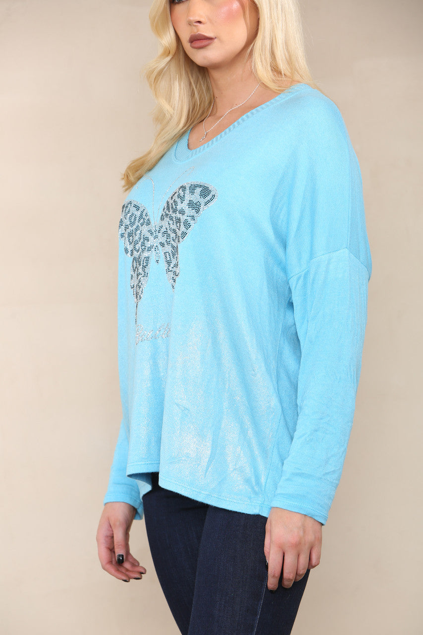 SEQUIN BUTTERFLY FINE KNIT TOP TURQUOISE
