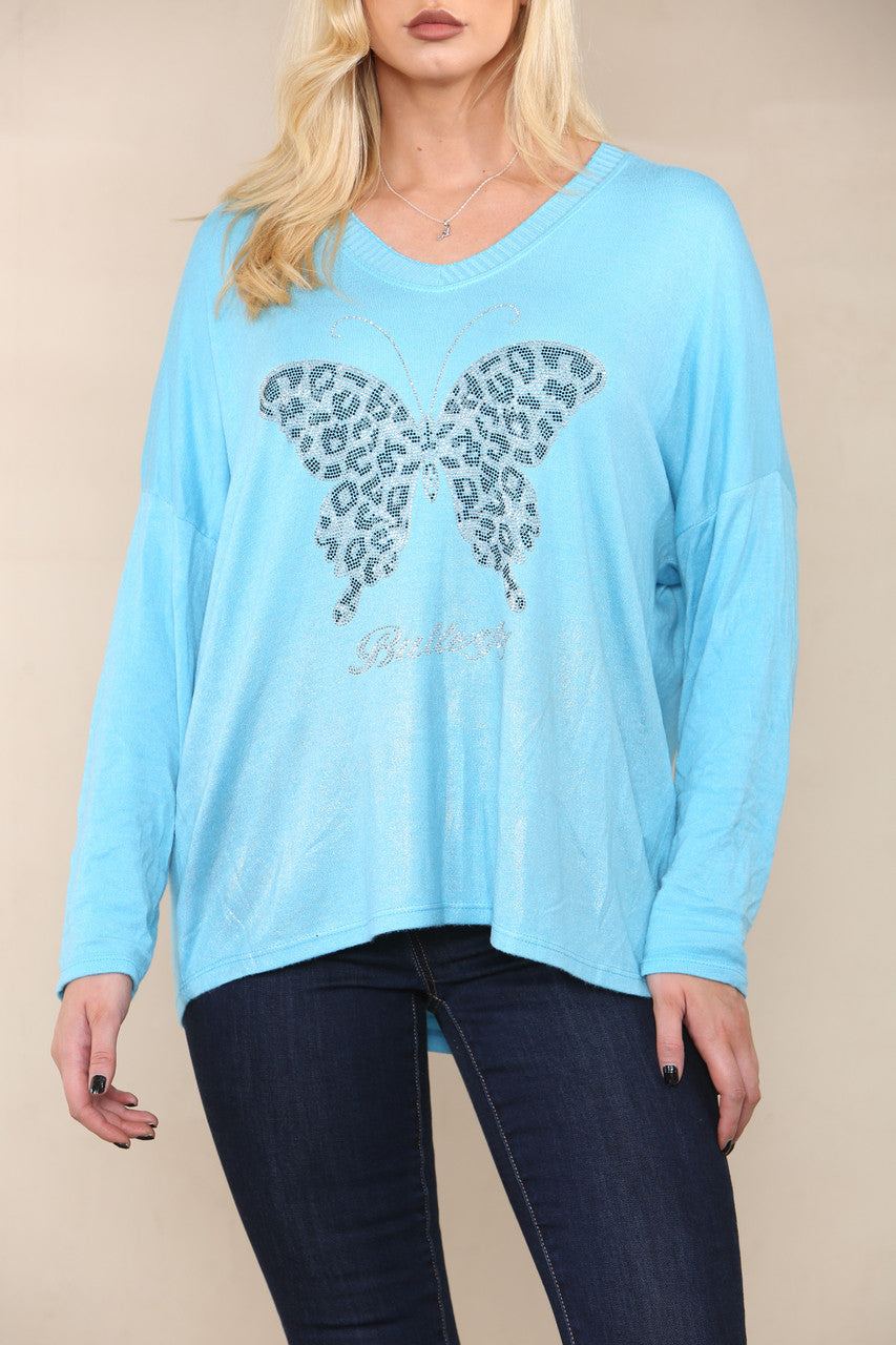 SEQUIN BUTTERFLY FINE KNIT TOP TURQUOISE