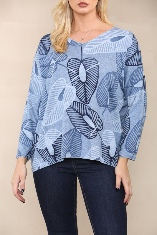 LEAF SKETCH FINE KNIT TOP DENIM