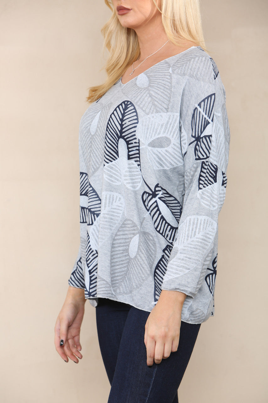 LEAF SKETCH FINE KNIT TOP GREY