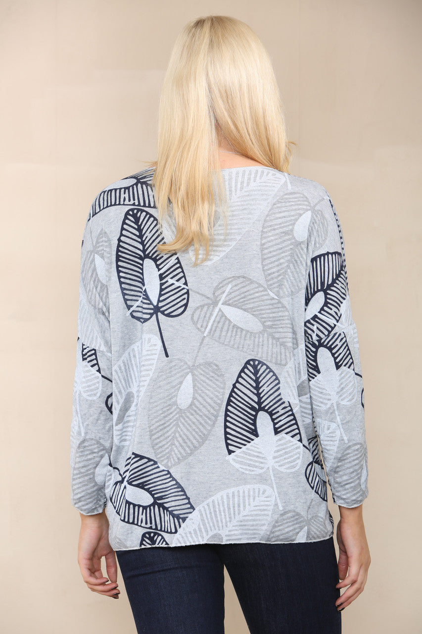 LEAF SKETCH FINE KNIT TOP GREY