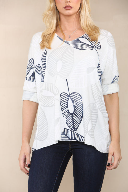 LEAF SKETCH FINE KNIT TOP WHITE