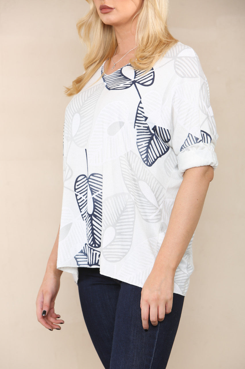 LEAF SKETCH FINE KNIT TOP WHITE